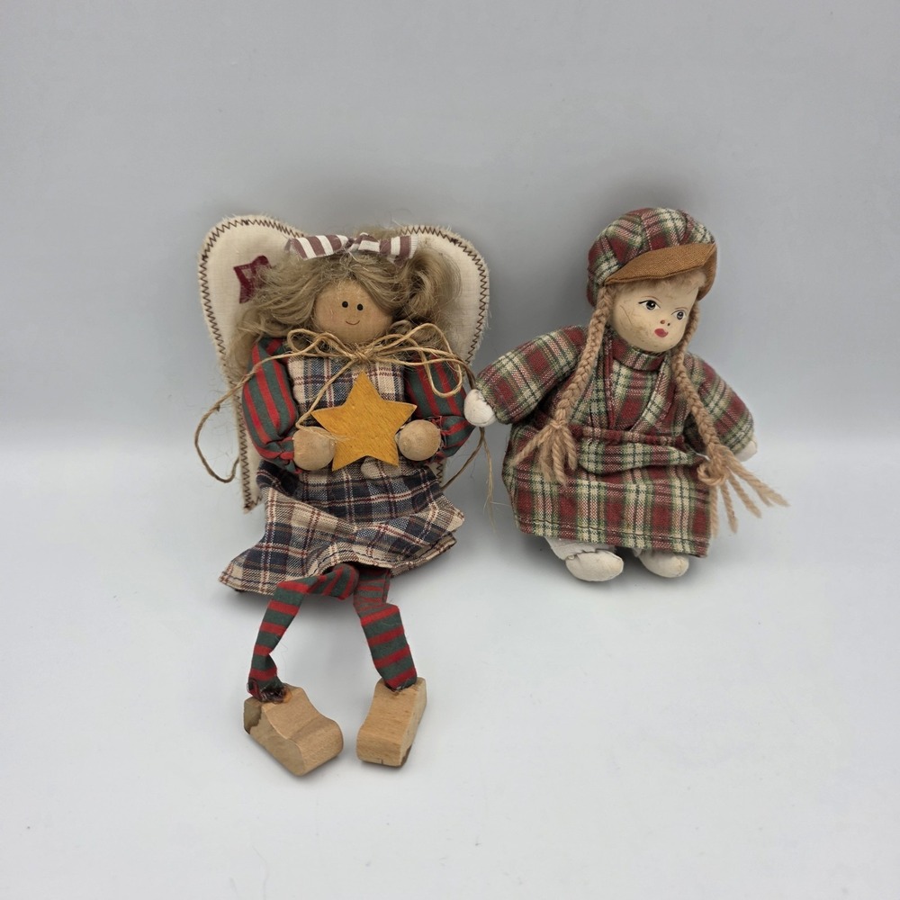 2 Primitive Folk Art Angel Star Ornament & Doll Handmade Cloth‎ Country 1990's
